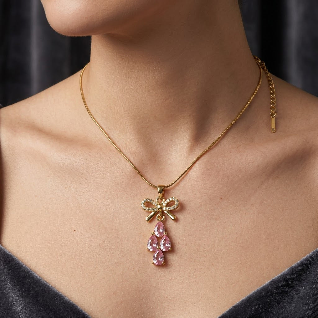 Couture Ribbon Bow & Blush Pink Gemstone Drop Necklace - View 5 | ANUSI 18K Gold Jewelry