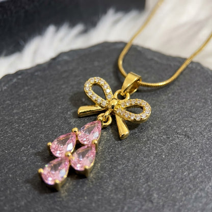Couture Ribbon Bow & Blush Pink Gemstone Drop Necklace - View 4 | ANUSI 18K Gold Jewelry