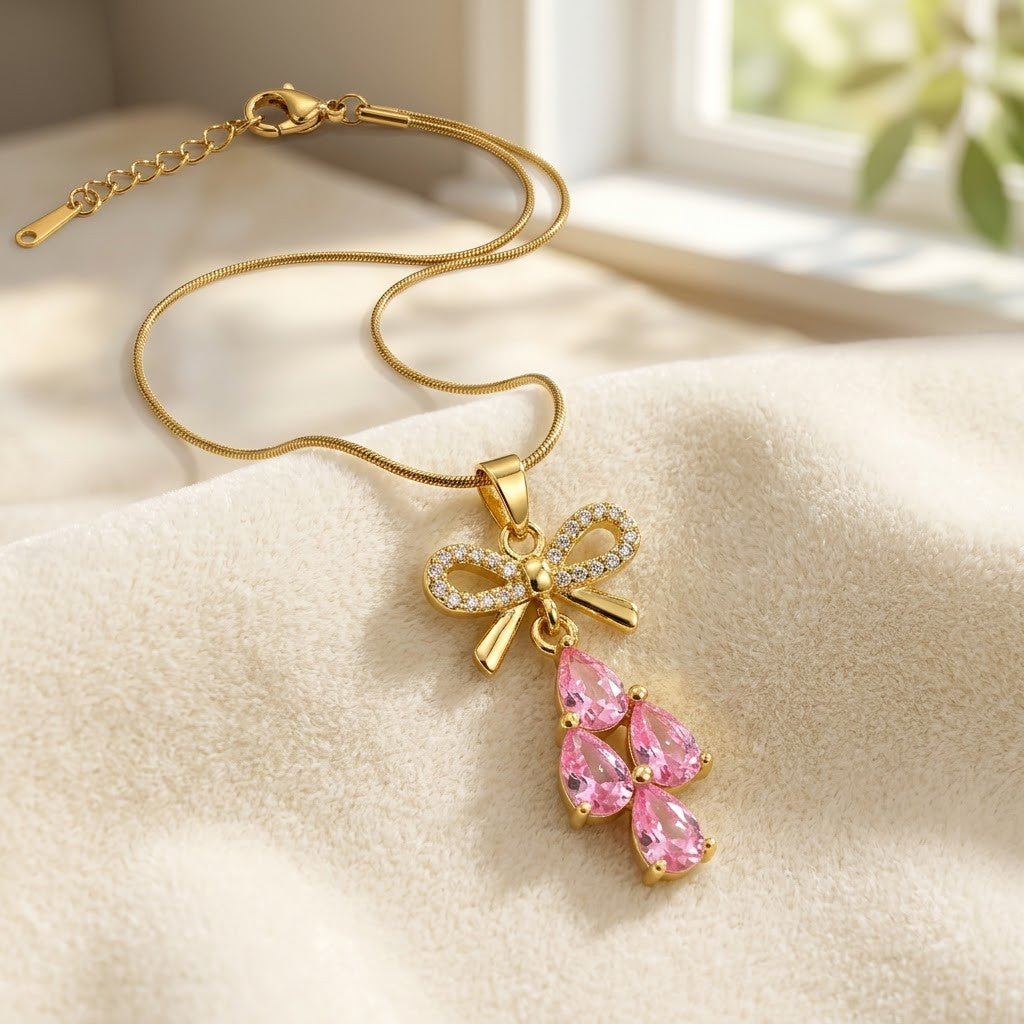 Couture Ribbon Bow & Blush Pink Gemstone Drop Necklace - View 3 | ANUSI 18K Gold Jewelry
