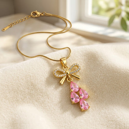 Couture Ribbon Bow & Blush Pink Gemstone Drop Necklace - View 3 | ANUSI 18K Gold Jewelry