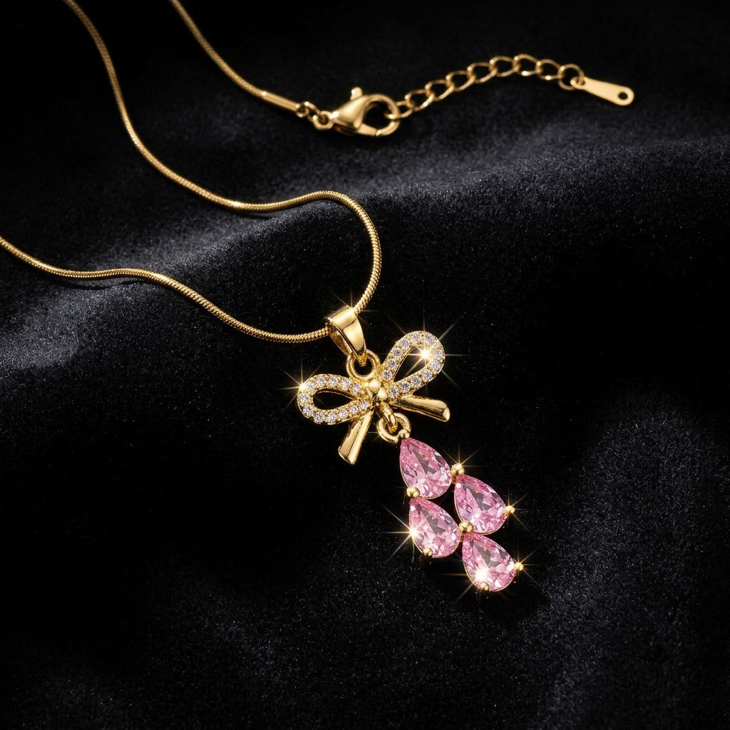 Couture Ribbon Bow & Blush Pink Gemstone Drop Necklace - View 6 | ANUSI 18K Gold Jewelry