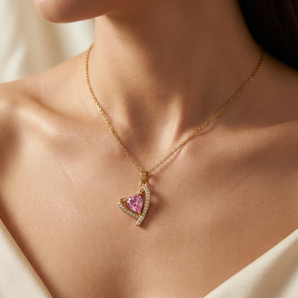 Blush Pink Sapphire Heart & Micropavé Halo Necklace - View 5 | ANUSI 18K Gold Jewelry