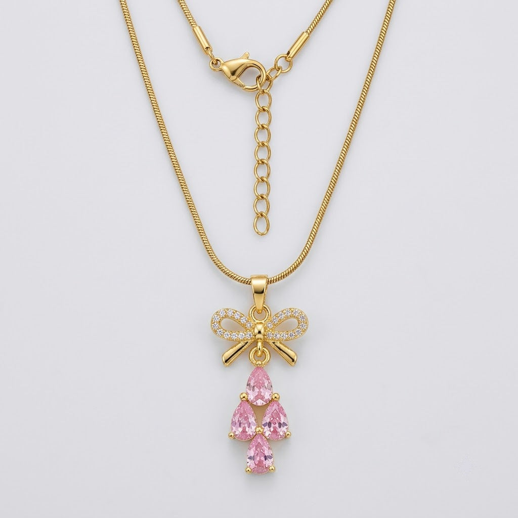 Couture Ribbon Bow & Blush Pink Gemstone Drop Necklace - View 7 | ANUSI 18K Gold Jewelry