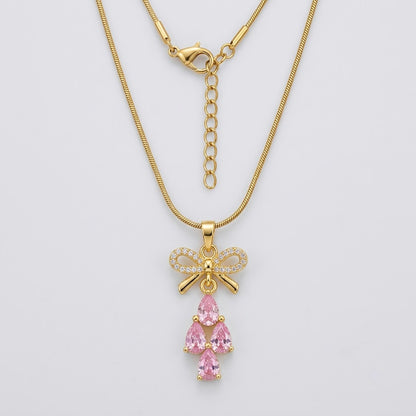 Couture Ribbon Bow & Blush Pink Gemstone Drop Necklace - View 7 | ANUSI 18K Gold Jewelry