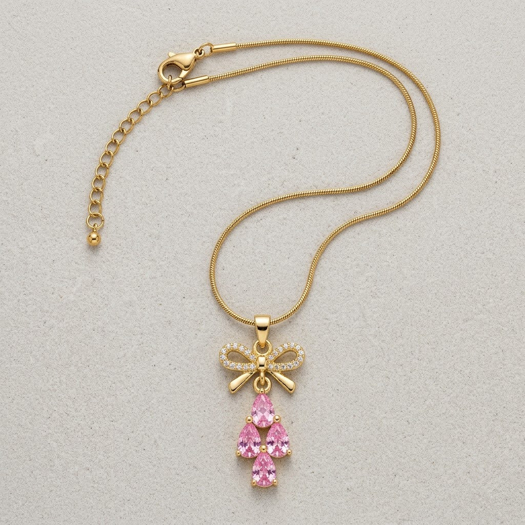 Couture Ribbon Bow & Blush Pink Gemstone Drop Necklace - View 8 | ANUSI 18K Gold Jewelry