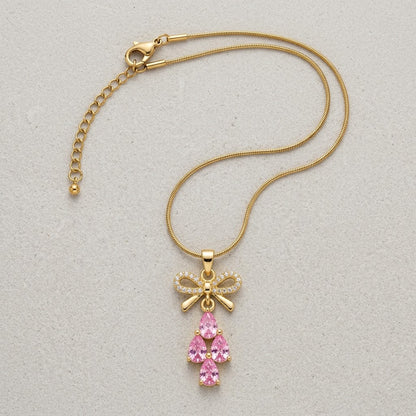 Couture Ribbon Bow & Blush Pink Gemstone Drop Necklace - View 8 | ANUSI 18K Gold Jewelry