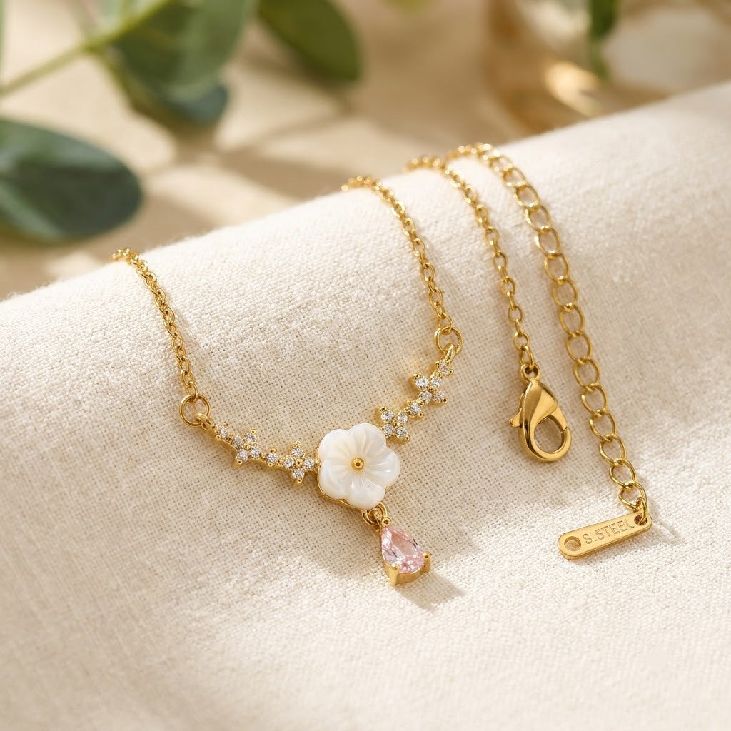 Dainty White Enamel Blossom & Pink Teardrop Garland Necklace - View 3 | ANUSI 18K Gold Jewelry