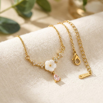 Dainty White Enamel Blossom & Pink Teardrop Garland Necklace - View 3 | ANUSI 18K Gold Jewelry