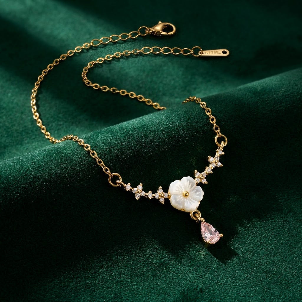 Dainty White Enamel Blossom & Pink Teardrop Garland Necklace - View 1 | ANUSI 18K Gold Jewelry