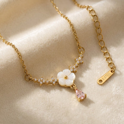 Dainty White Enamel Blossom & Pink Teardrop Garland Necklace - View 2 | ANUSI 18K Gold Jewelry