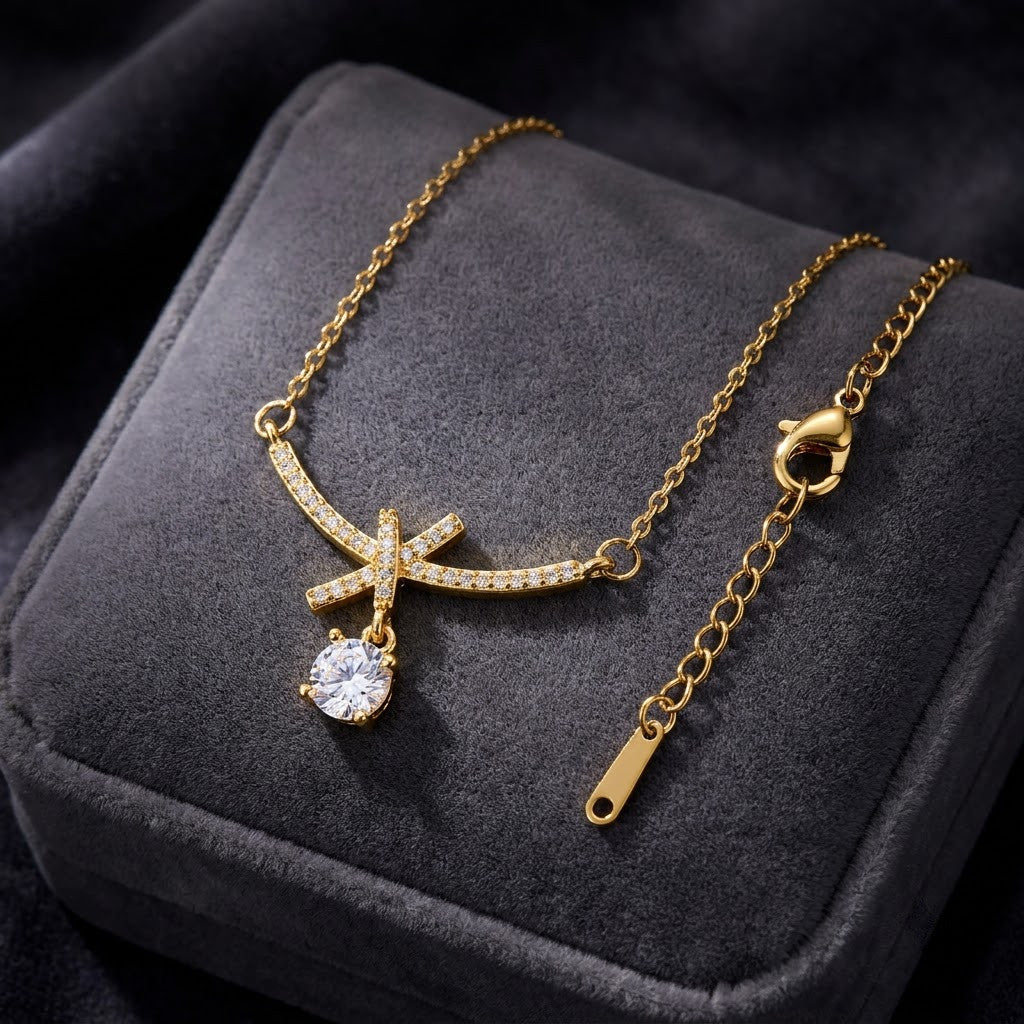 Petite Ribbon Bow & Princess-Cut Solitaire Drop Necklace - View 2 | ANUSI 18K Gold Jewelry