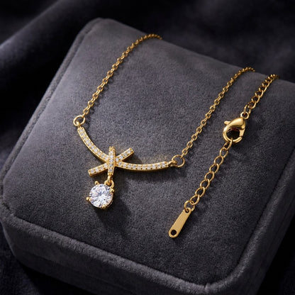 Petite Ribbon Bow & Princess-Cut Solitaire Drop Necklace - View 2 | ANUSI 18K Gold Jewelry