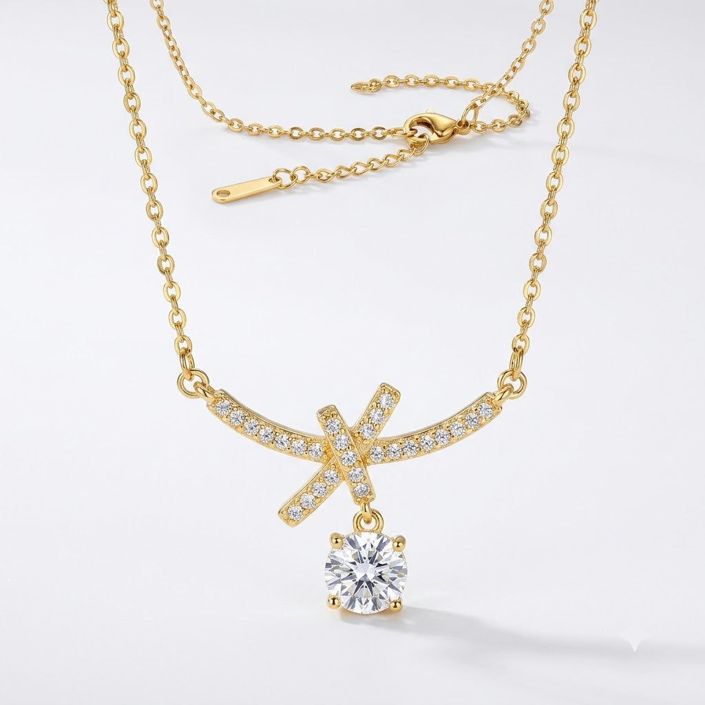 Petite Ribbon Bow & Princess-Cut Solitaire Drop Necklace - View 7 | ANUSI 18K Gold Jewelry
