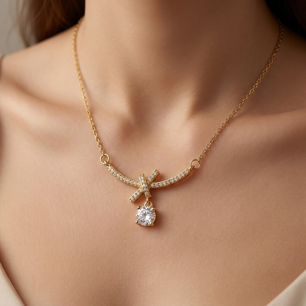 Petite Ribbon Bow & Princess-Cut Solitaire Drop Necklace - View 5 | ANUSI 18K Gold Jewelry