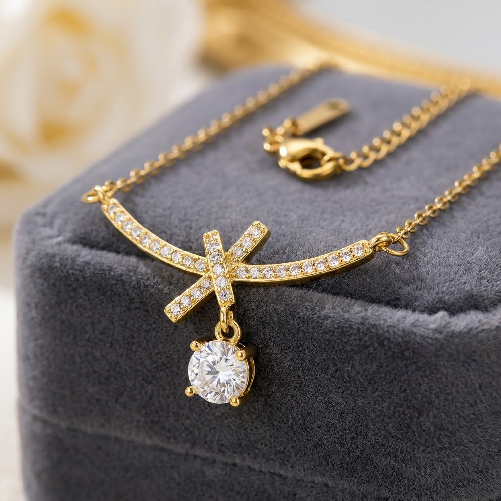 Petite Ribbon Bow & Princess-Cut Solitaire Drop Necklace - View 4 | ANUSI 18K Gold Jewelry