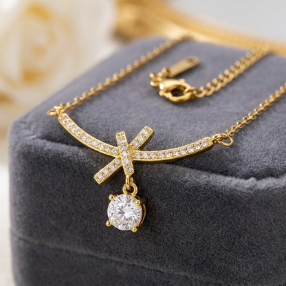 Petite Ribbon Bow & Princess-Cut Solitaire Drop Necklace - View 4 | ANUSI 18K Gold Jewelry