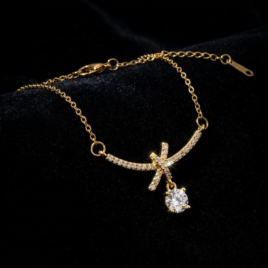 Petite Ribbon Bow & Princess-Cut Solitaire Drop Necklace - View 6 | ANUSI 18K Gold Jewelry
