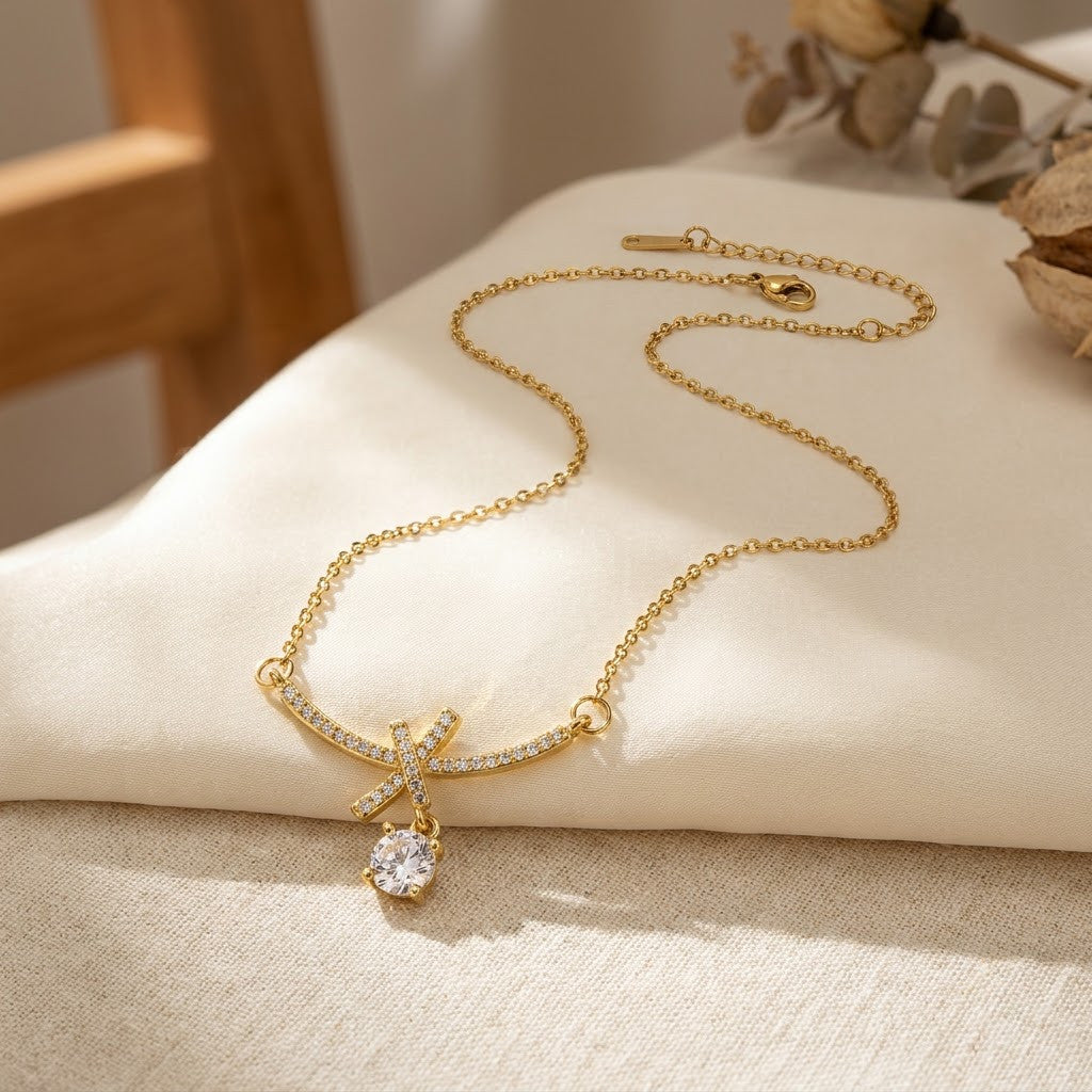 Petite Ribbon Bow & Princess-Cut Solitaire Drop Necklace - View 3 | ANUSI 18K Gold Jewelry