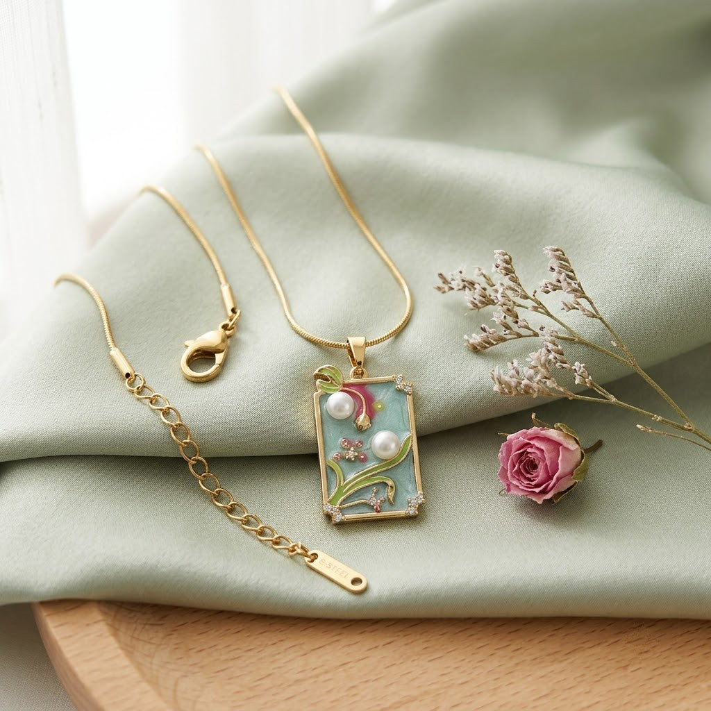 Pastel Meadow Enamel Framed Art Miniature Necklace - View 3 | ANUSI 18K Gold Jewelry
