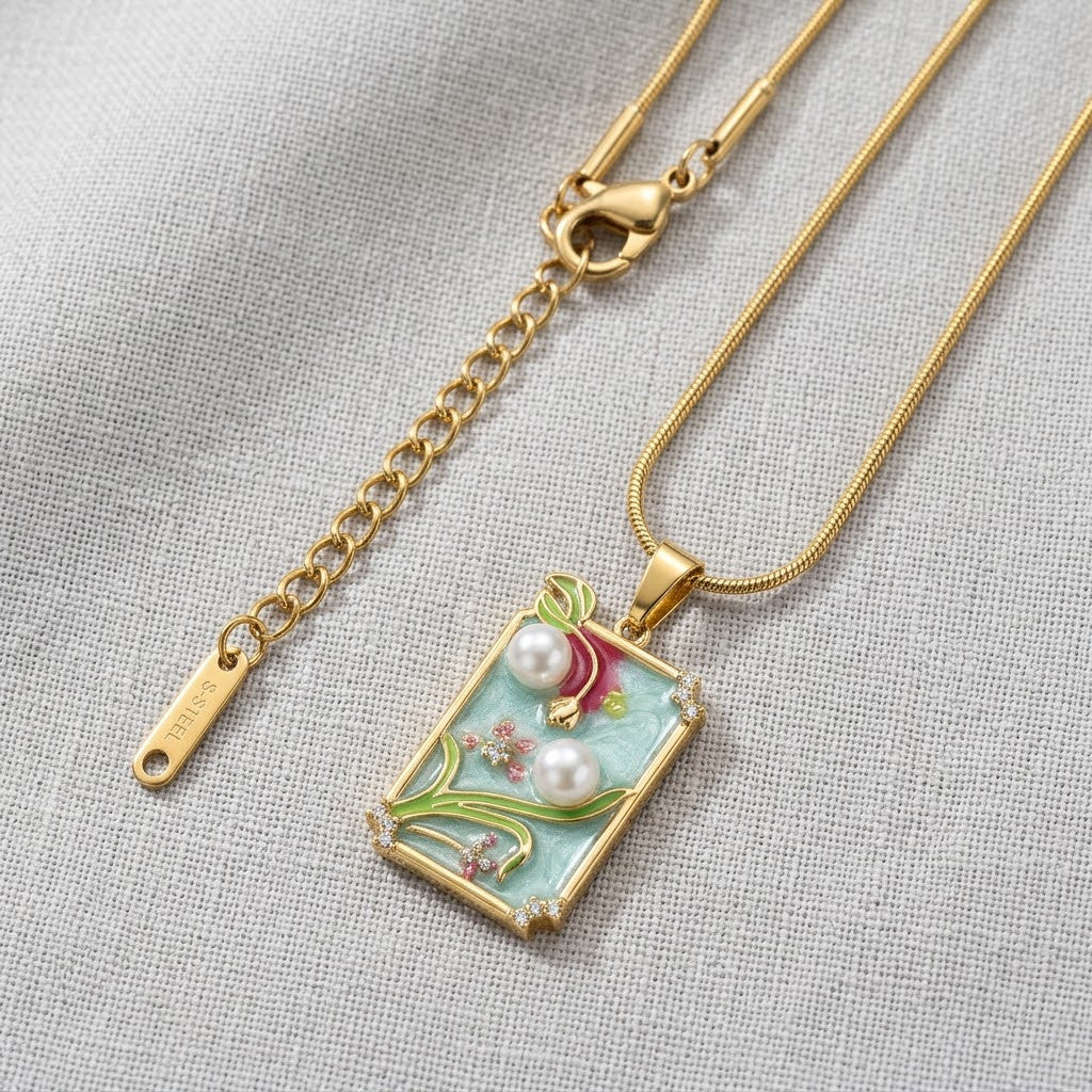 Pastel Meadow Enamel Framed Art Miniature Necklace - View 8 | ANUSI 18K Gold Jewelry