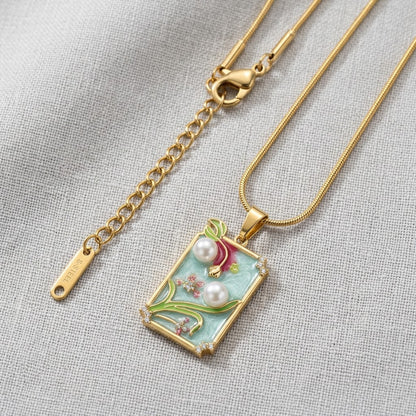 Pastel Meadow Enamel Framed Art Miniature Necklace - View 8 | ANUSI 18K Gold Jewelry