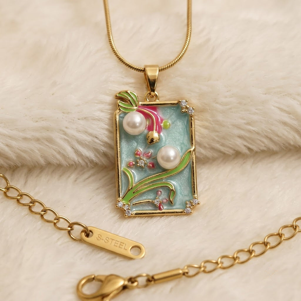 Pastel Meadow Enamel Framed Art Miniature Necklace - View 4 | ANUSI 18K Gold Jewelry