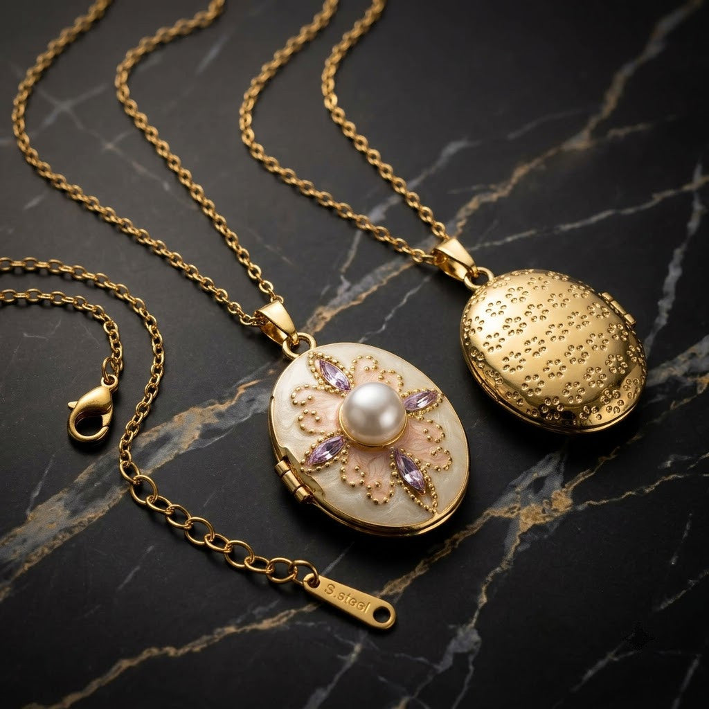 Vintage Opening Shell Keepsake Locket Pearl Necklace - View 2 | ANUSI 18K Gold Jewelry
