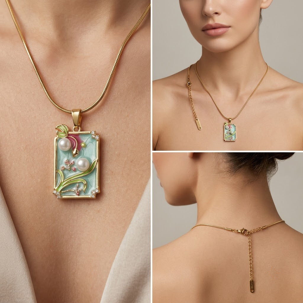 Pastel Meadow Enamel Framed Art Miniature Necklace - View 5 | ANUSI 18K Gold Jewelry