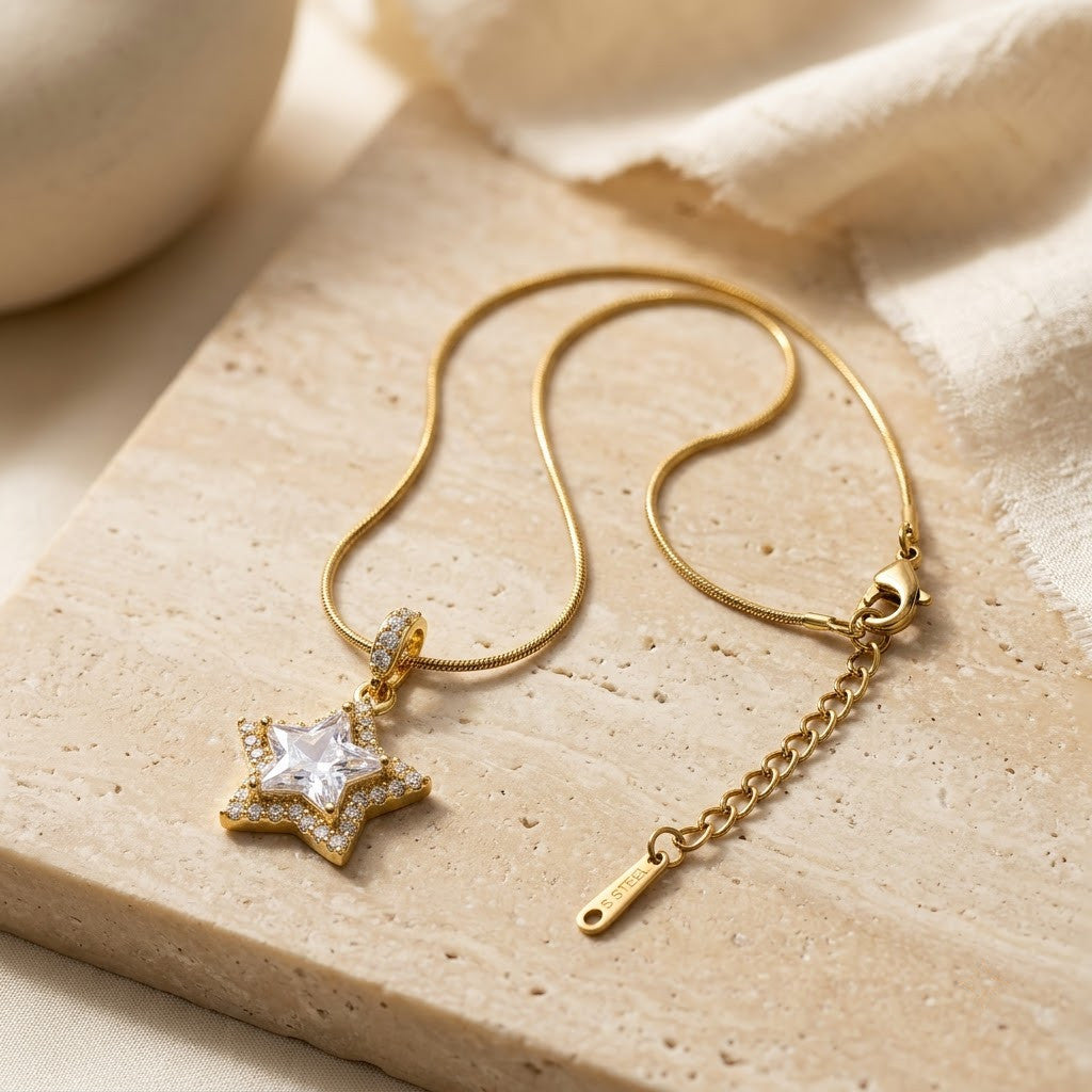 Celestial Starlight Pavé Crystal Star Pendant Necklace - View 4 | ANUSI 18K Gold Jewelry