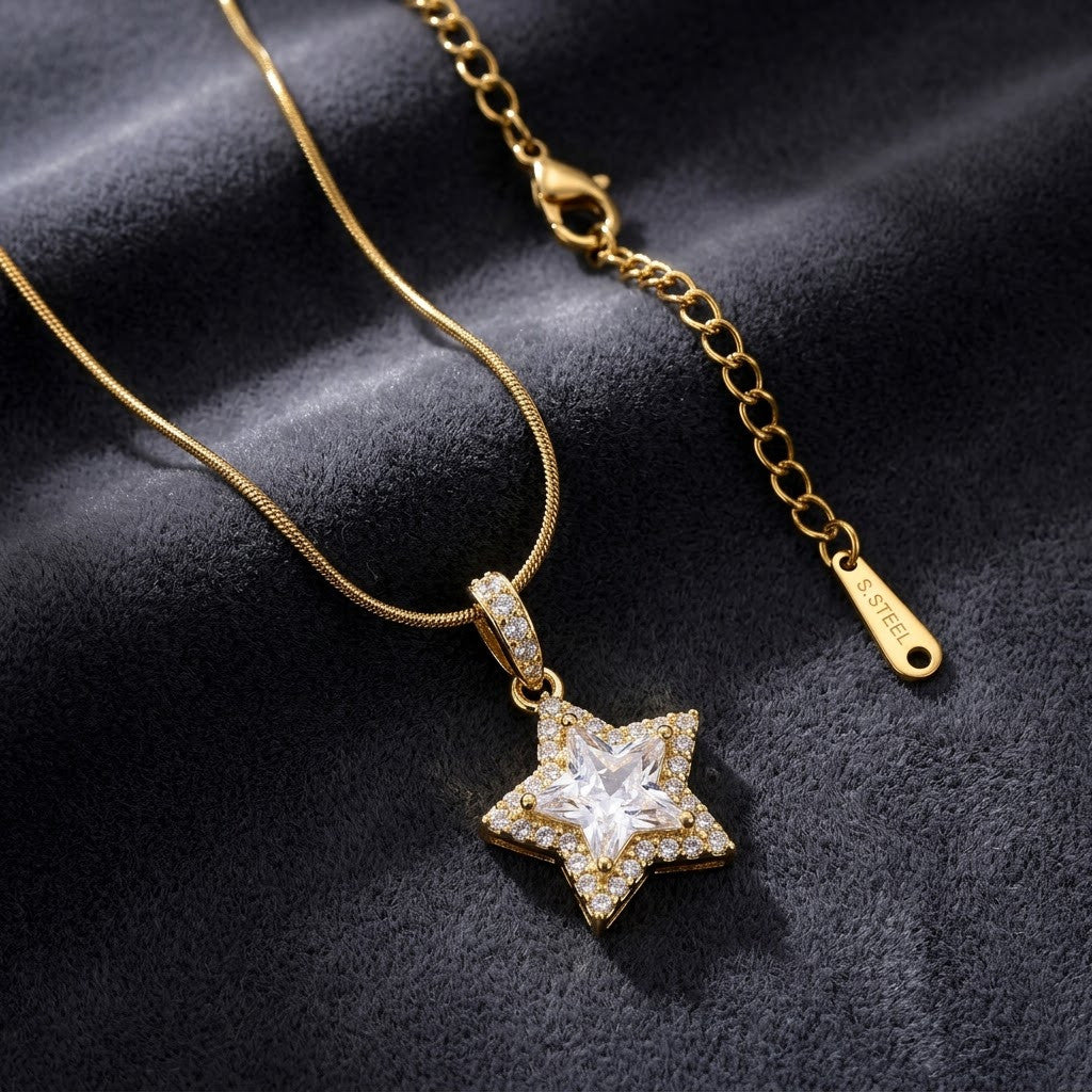Celestial Starlight Pavé Crystal Star Pendant Necklace - View 1 | ANUSI 18K Gold Jewelry