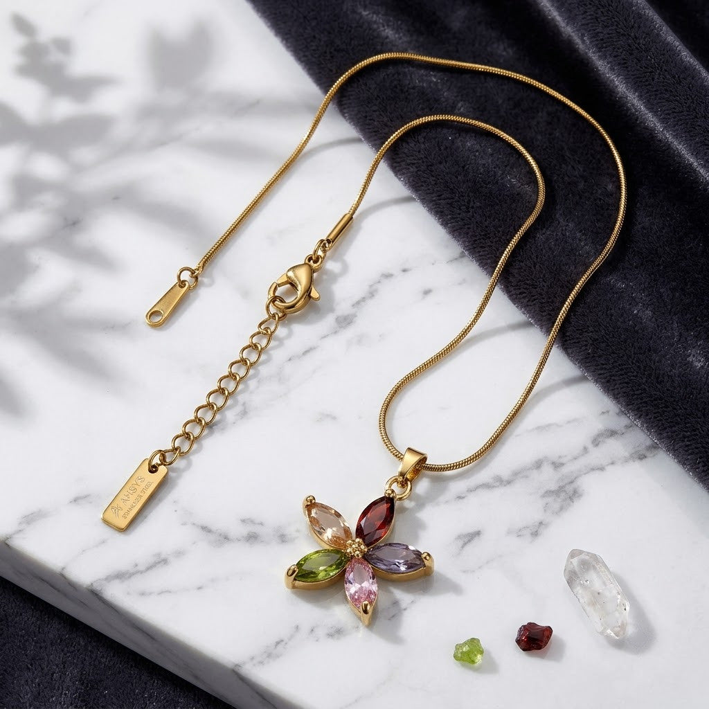 Rainbow Gemstone Marquise Blossom Pendant Necklace - View 1 | ANUSI 18K Gold Jewelry