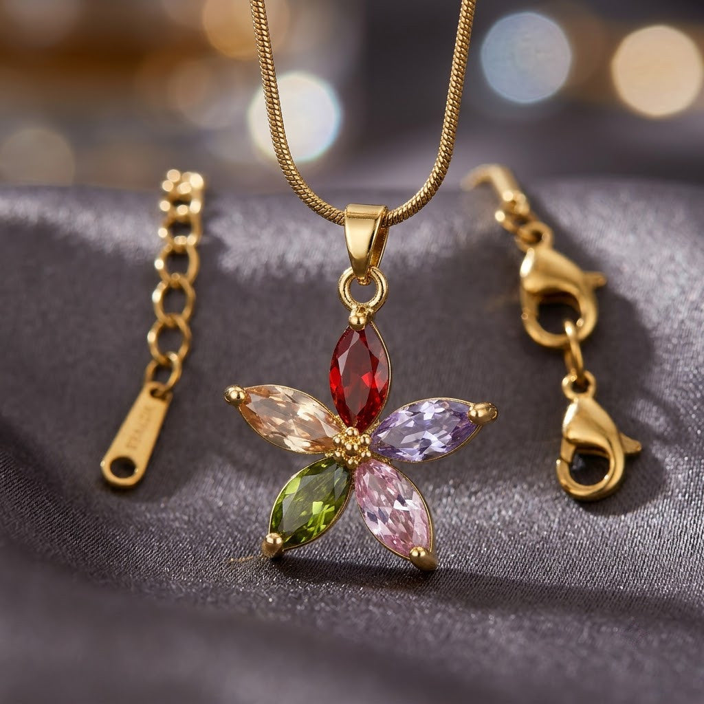 Rainbow Gemstone Marquise Blossom Pendant Necklace - View 4 | ANUSI 18K Gold Jewelry