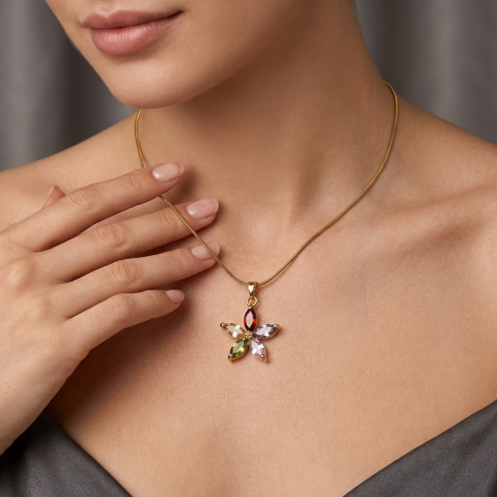 Rainbow Gemstone Marquise Blossom Pendant Necklace - View 5 | ANUSI 18K Gold Jewelry