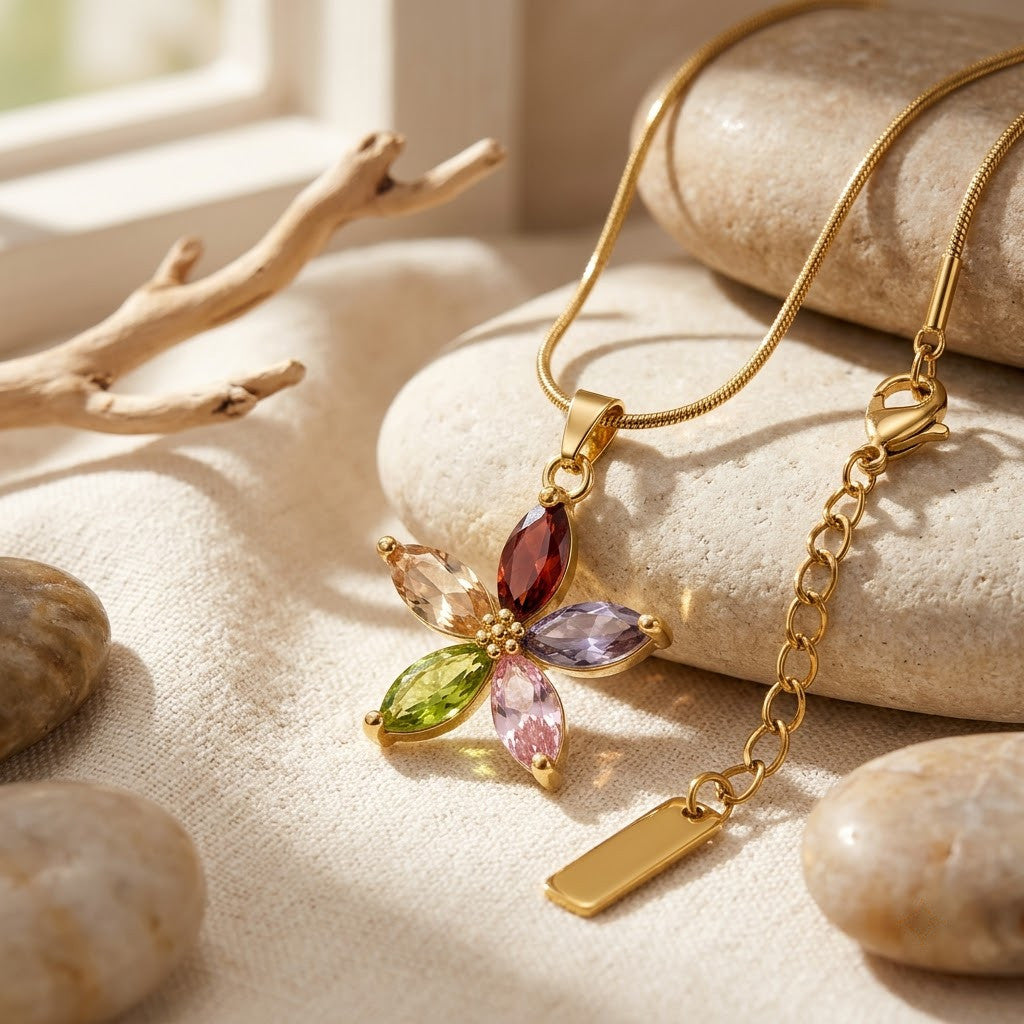 Rainbow Gemstone Marquise Blossom Pendant Necklace - View 3 | ANUSI 18K Gold Jewelry