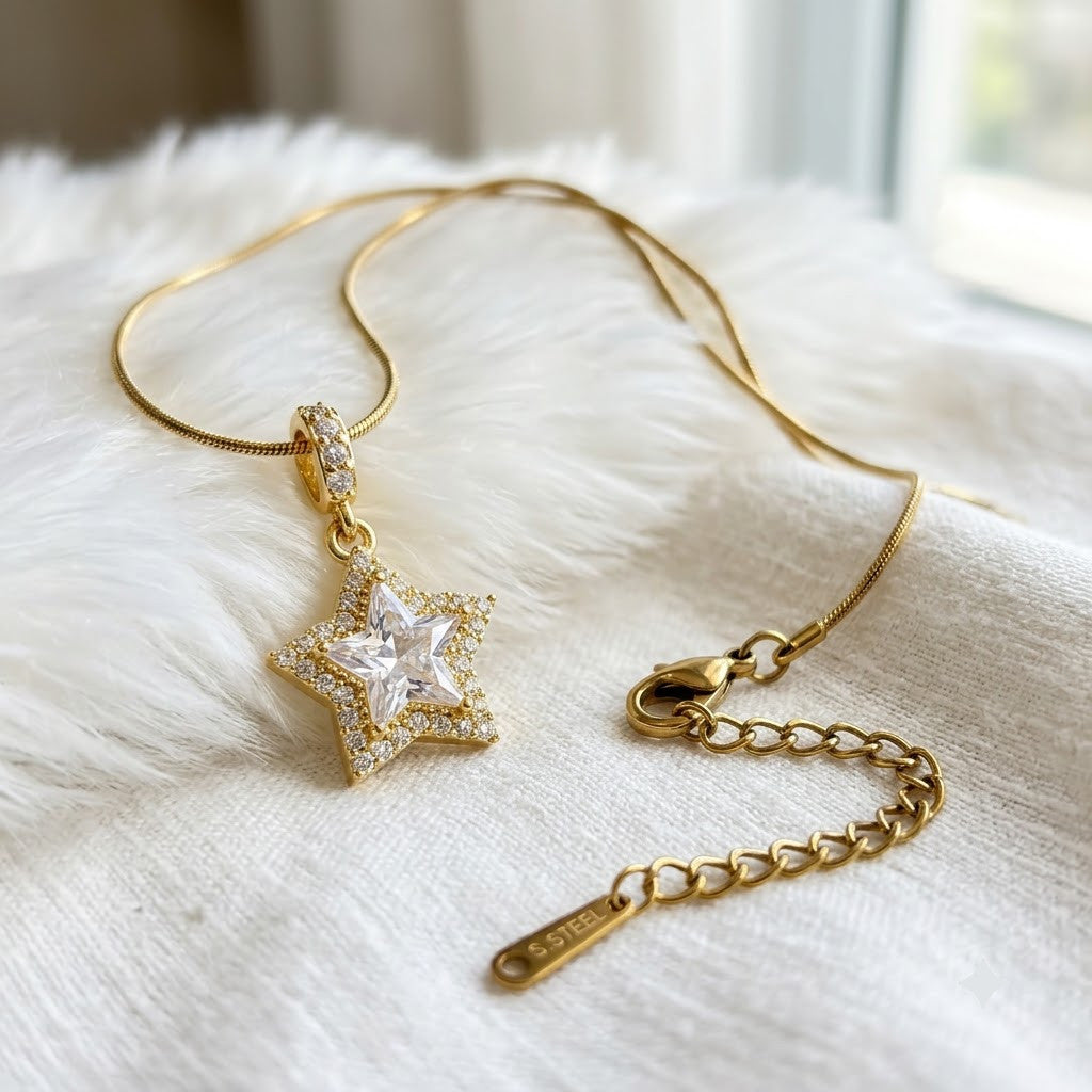 Celestial Starlight Pavé Crystal Star Pendant Necklace - View 5 | ANUSI 18K Gold Jewelry