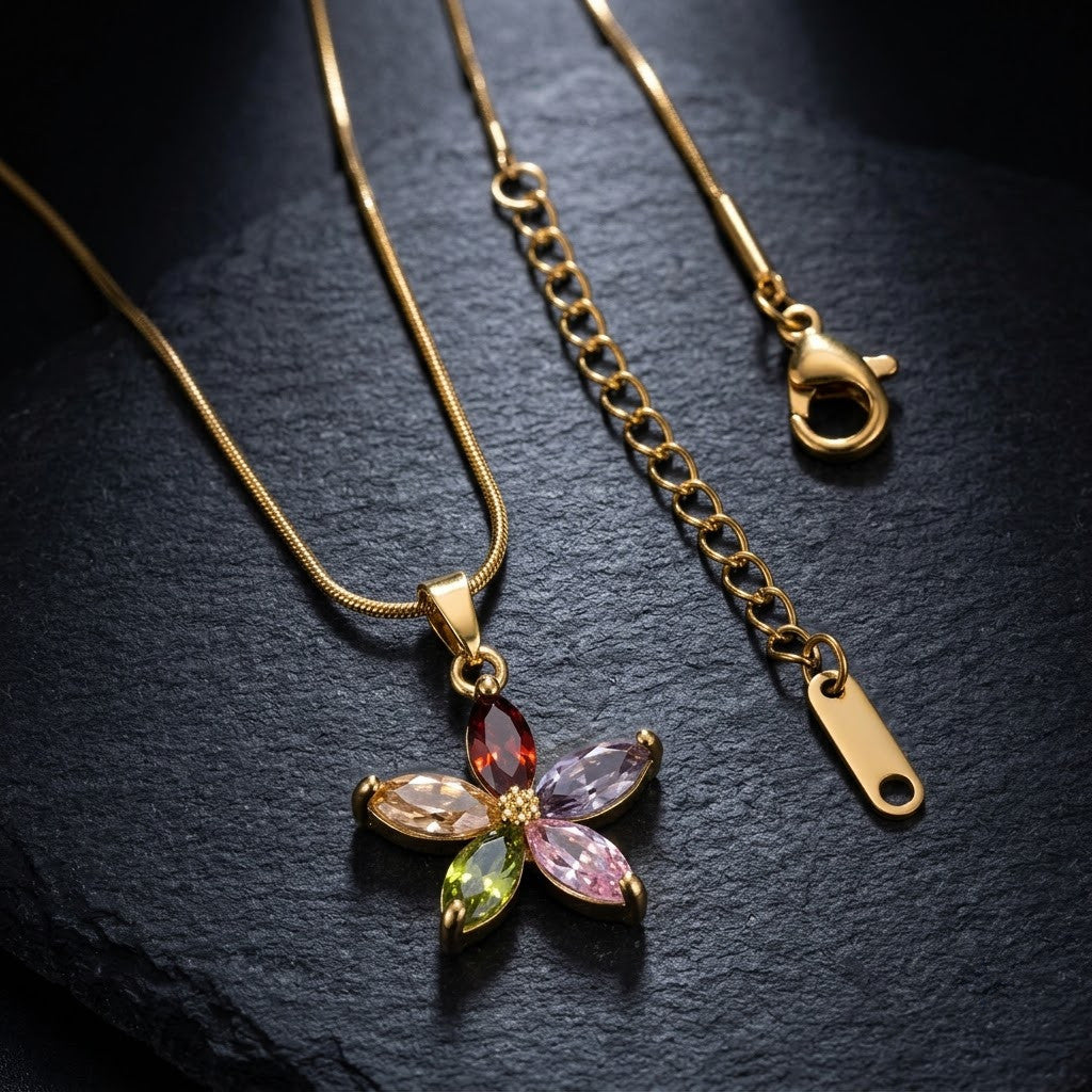 Rainbow Gemstone Marquise Blossom Pendant Necklace - View 6 | ANUSI 18K Gold Jewelry