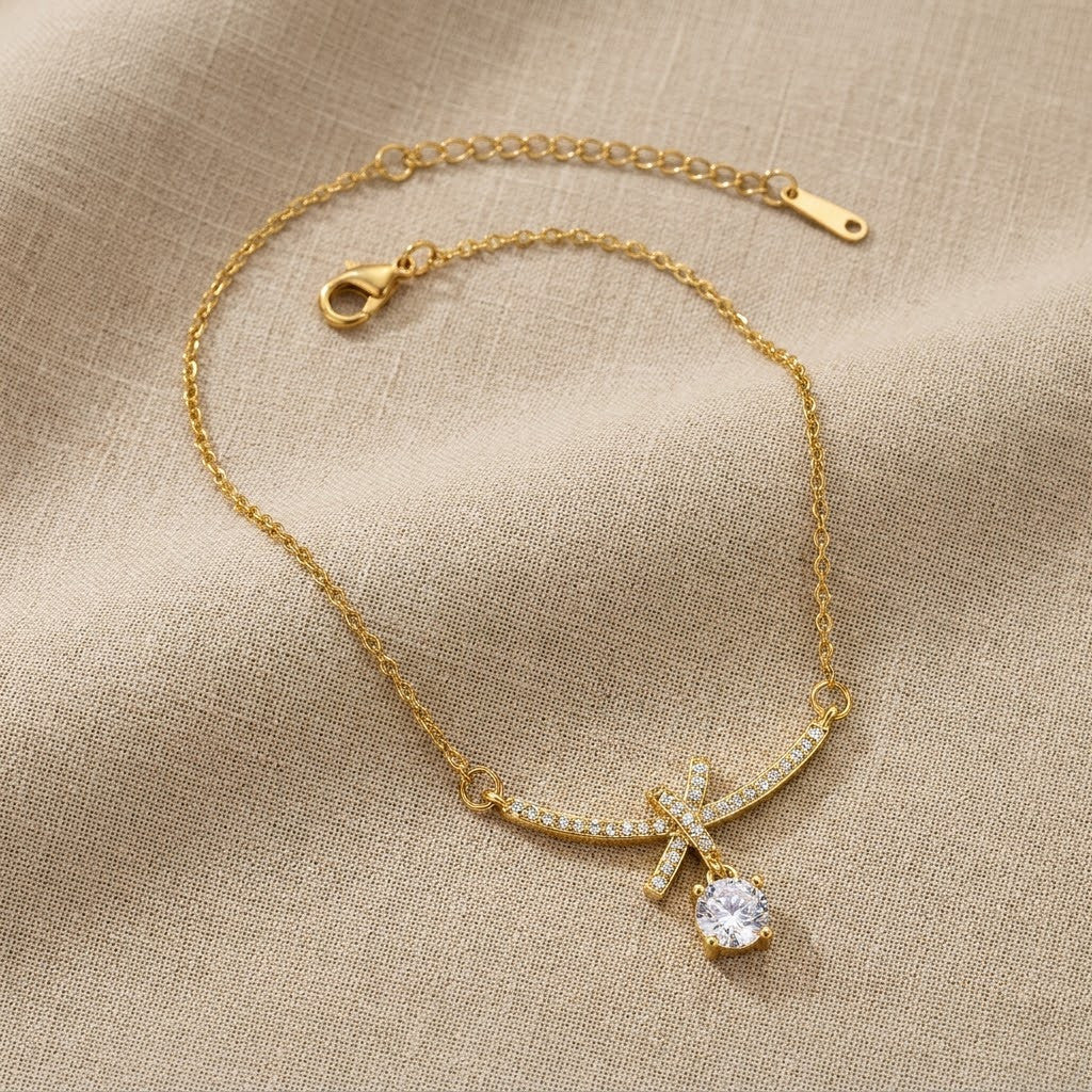 Petite Ribbon Bow & Princess-Cut Solitaire Drop Necklace - View 8 | ANUSI 18K Gold Jewelry