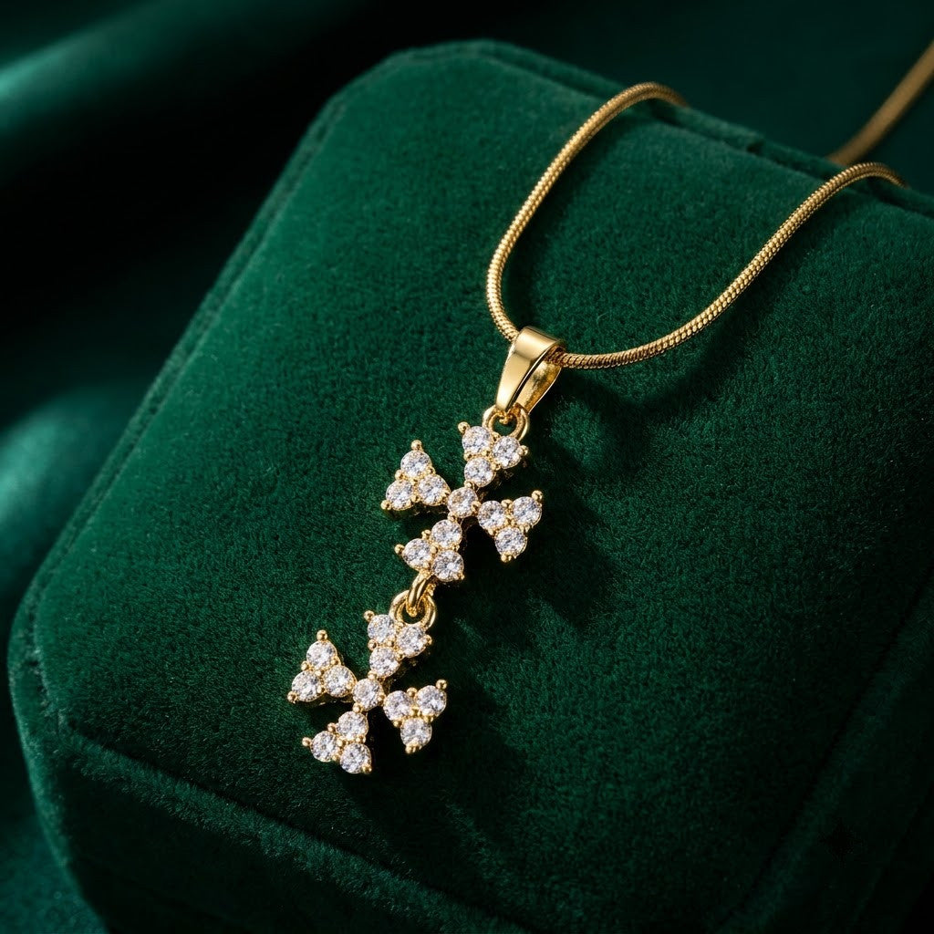 Tiered Triple Crystal Butterfly Cascading Pendant Necklace - View 1 | ANUSI 18K Gold Jewelry