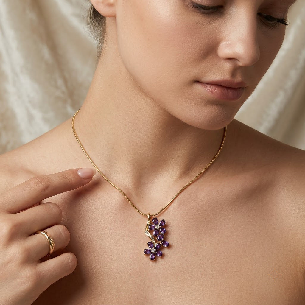Royal Amethyst Crystal Grape Vine Branch Necklace - View 5 | ANUSI 18K Gold Jewelry