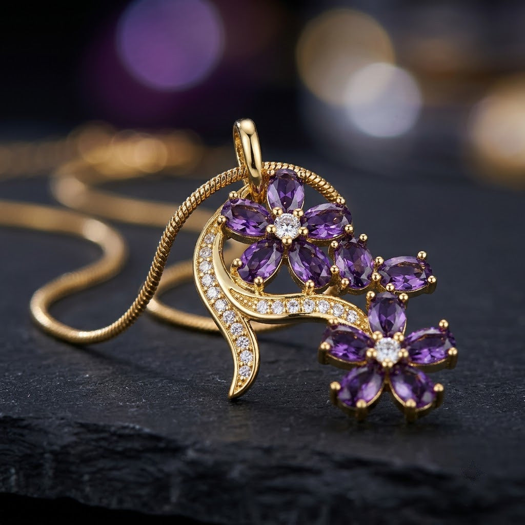 Royal Amethyst Crystal Grape Vine Branch Necklace - View 4 | ANUSI 18K Gold Jewelry