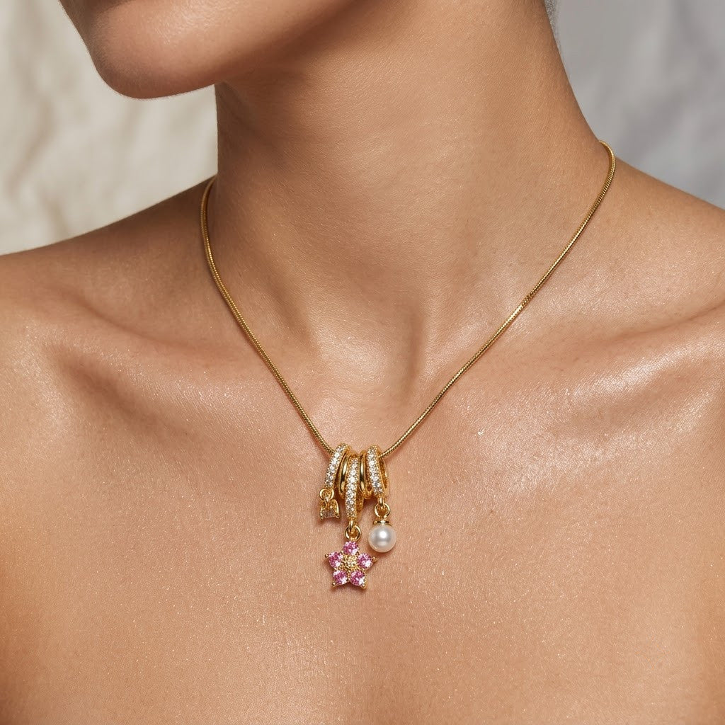 Triple Fluted Bale Pavé Star & Pearl Tassel Necklace - View 5 | ANUSI 18K Gold Jewelry