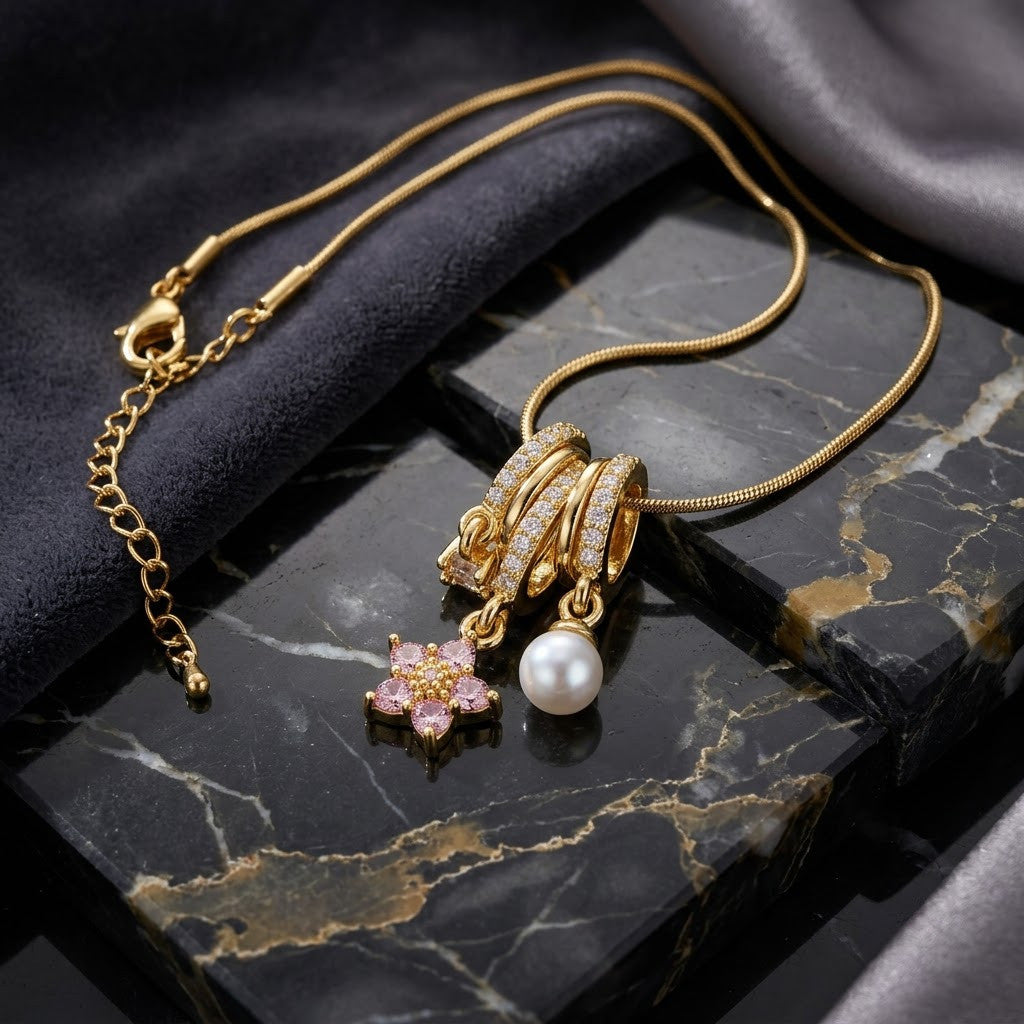 Triple Fluted Bale Pavé Star & Pearl Tassel Necklace - View 1 | ANUSI 18K Gold Jewelry
