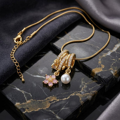 Triple Fluted Bale Pavé Star & Pearl Tassel Necklace - View 1 | ANUSI 18K Gold Jewelry