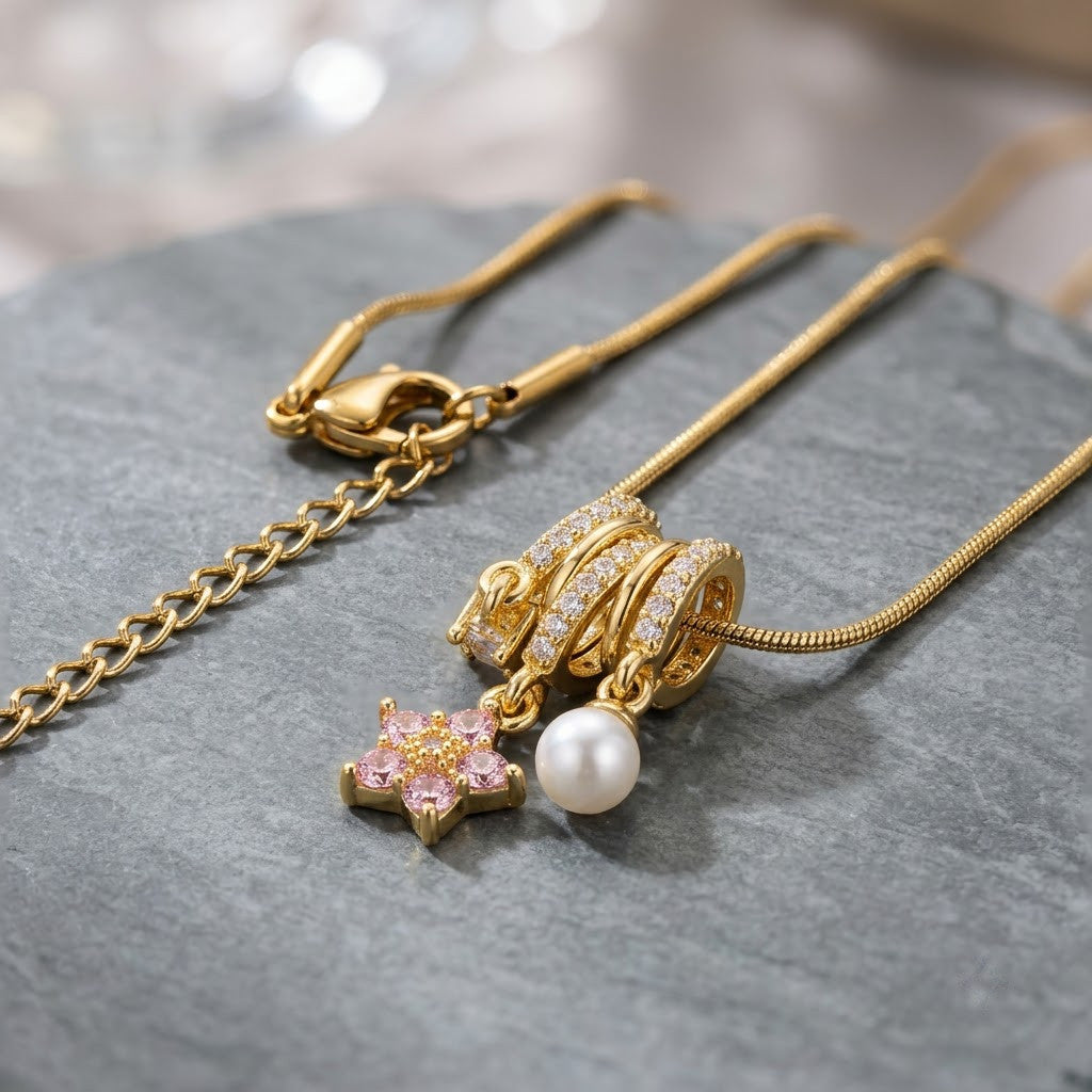 Triple Fluted Bale Pavé Star & Pearl Tassel Necklace - View 4 | ANUSI 18K Gold Jewelry