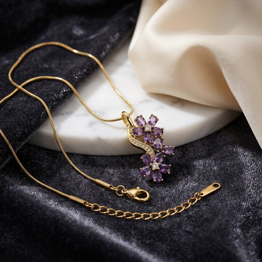 Royal Amethyst Crystal Grape Vine Branch Necklace - View 1 | ANUSI 18K Gold Jewelry