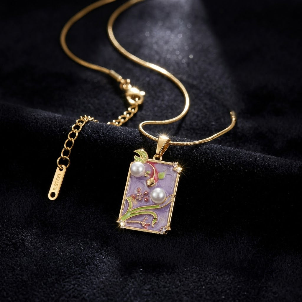 Lavender Twilight Garden Framed Enamel Necklace - View 6 | ANUSI 18K Gold Jewelry