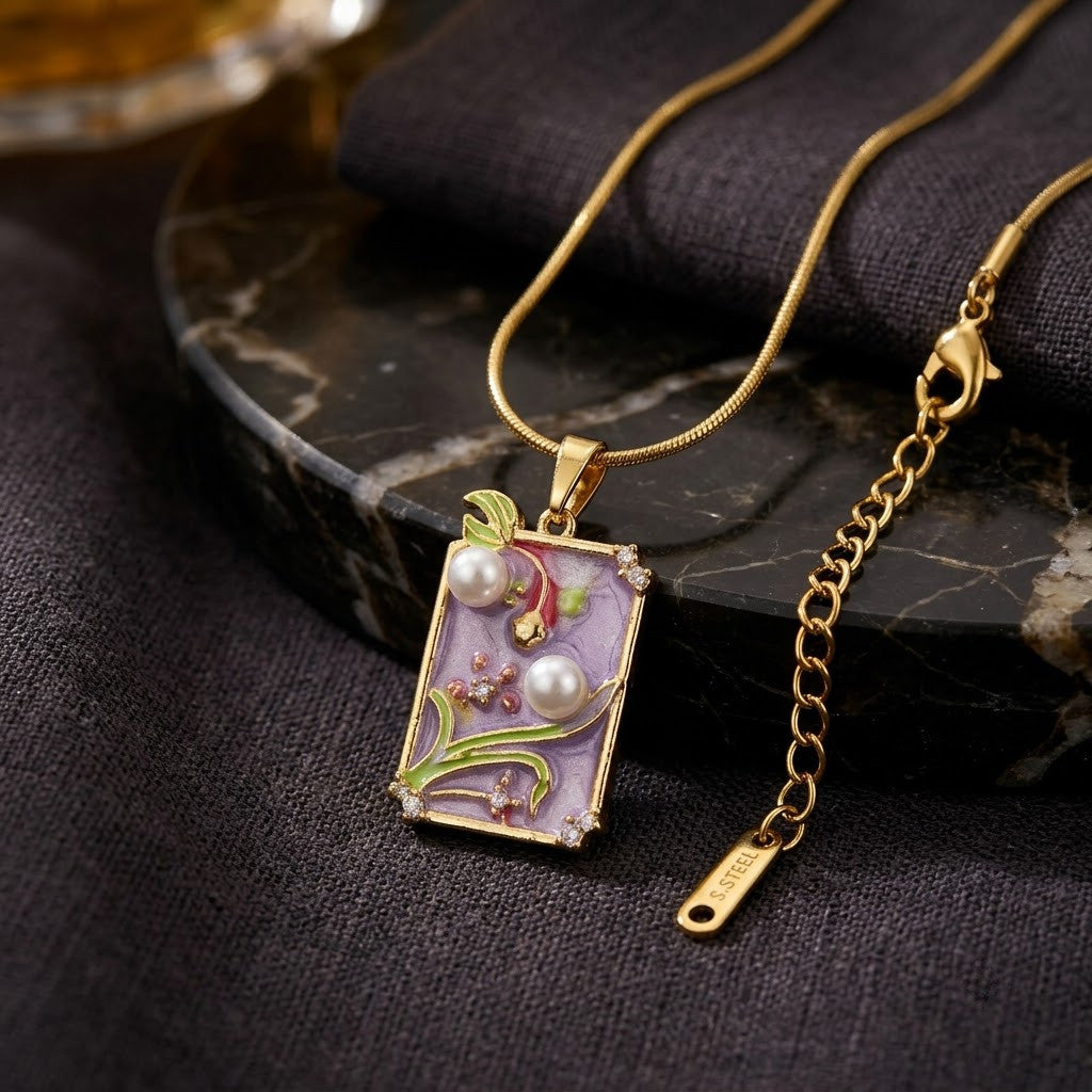 Lavender Twilight Garden Framed Enamel Necklace - View 2 | ANUSI 18K Gold Jewelry
