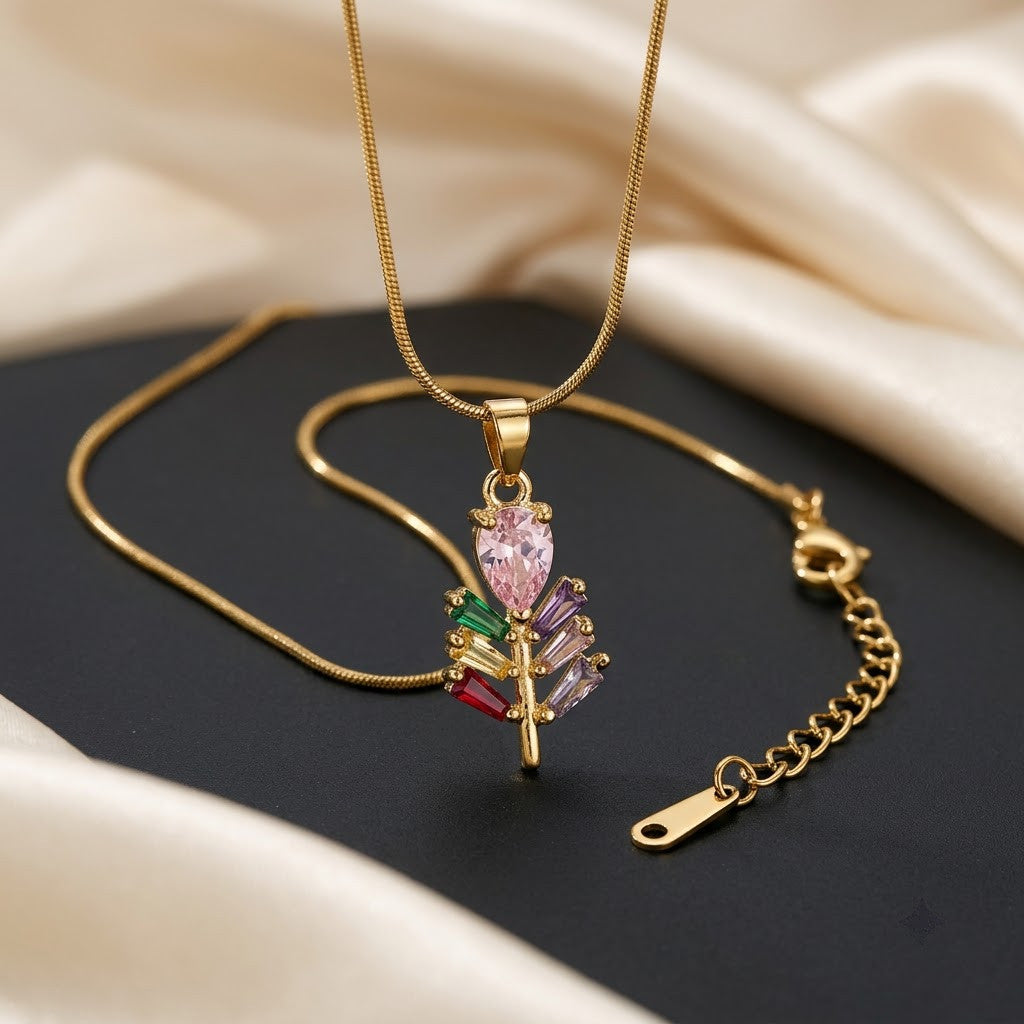 Prismatic Crystal Plume Feather & Rose Drop Necklace - View 2 | ANUSI 18K Gold Jewelry