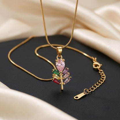 Prismatic Crystal Plume Feather & Rose Drop Necklace - View 2 | ANUSI 18K Gold Jewelry