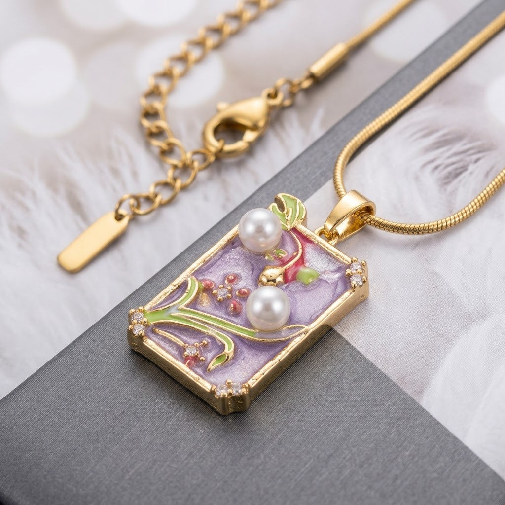 Lavender Twilight Garden Framed Enamel Necklace - View 4 | ANUSI 18K Gold Jewelry